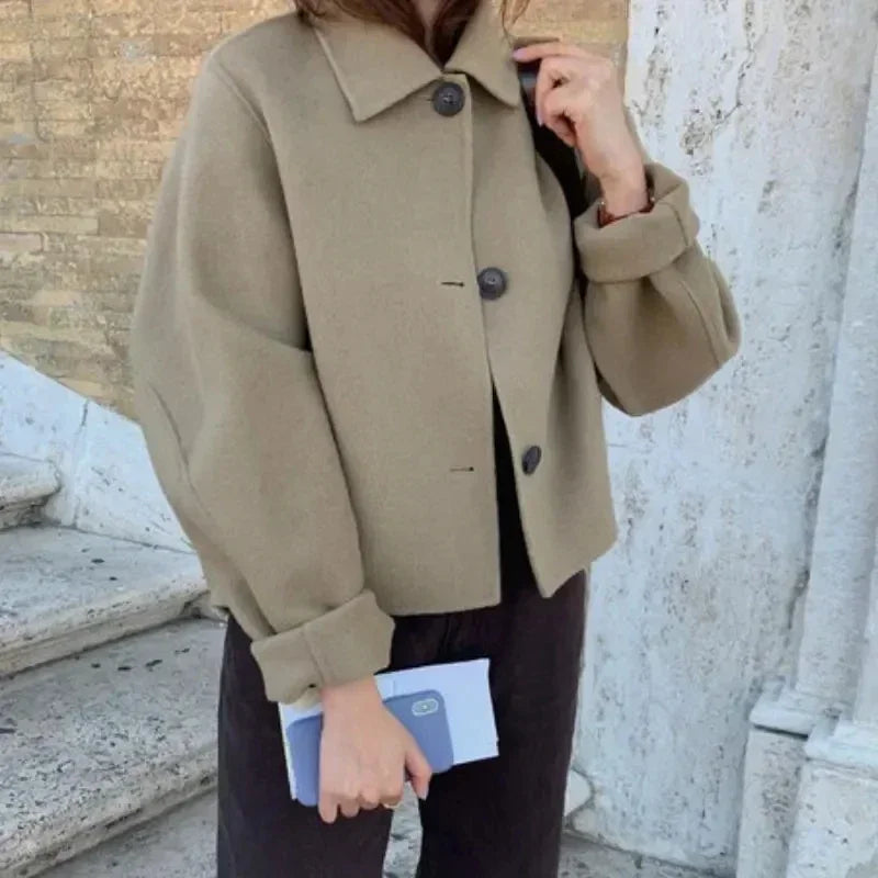 Aiertu Coat Women Wool Woolen Long Sleeve Overcoat Turn Down Collar Ladies Jacket Khaki Autumn Winter Short Woolen Top Korean Aiertu