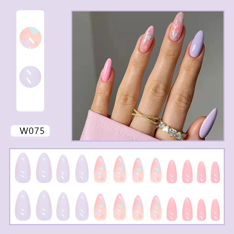 Aiertu 24pcs/Box Ballerina Nail Tip Purple with Design Manicure Patches Fresh Floral Almond False Nails Press on Med Nails Detachable Aiertu