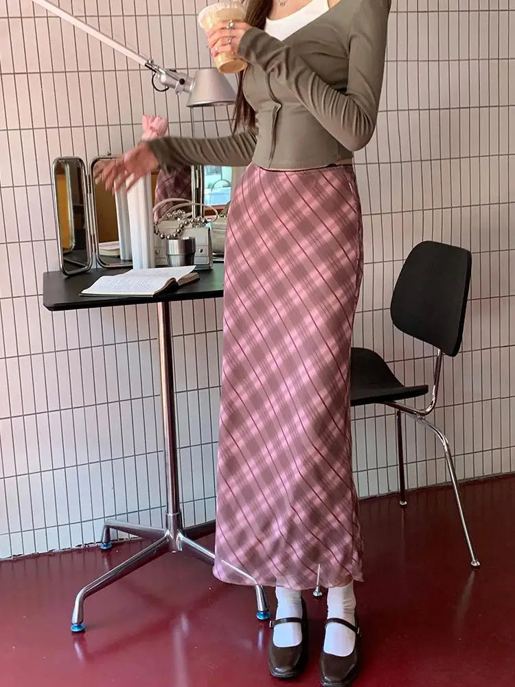 Aiertu Autumn Women Vintage Pink Mesh Plaid A-line Half Long Skirts Elastic High Waist Party Bodycon Wrapped Hip Skirt Female Chic Aiertu