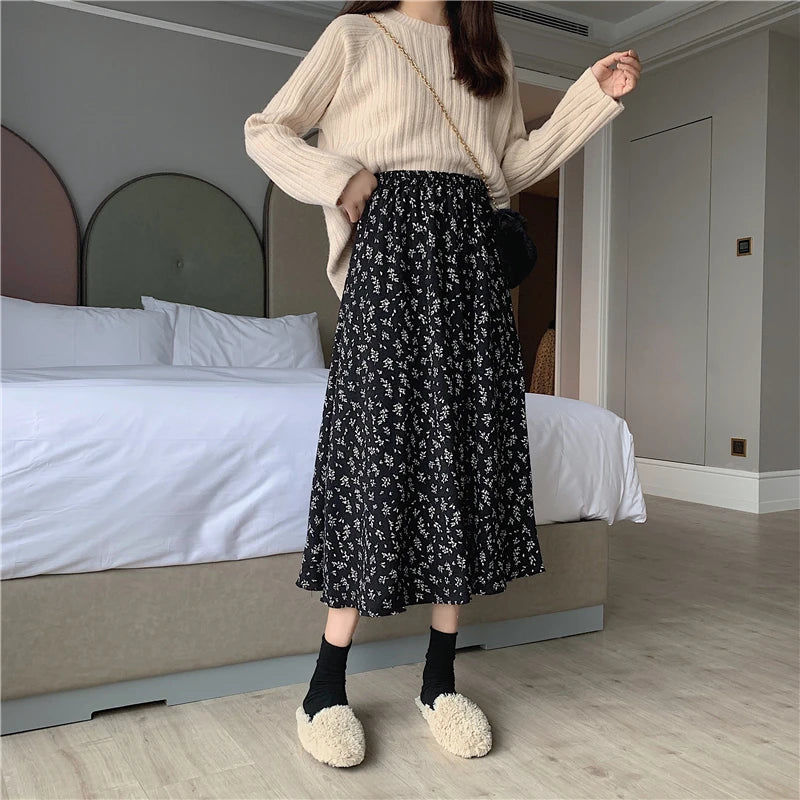 Aiertu Vintage Floral Print A-line Pleated Long Skirts Summer Women Korean Skirt Streetwear Drawstring Elastic Waist Midi Skirt Aiertu