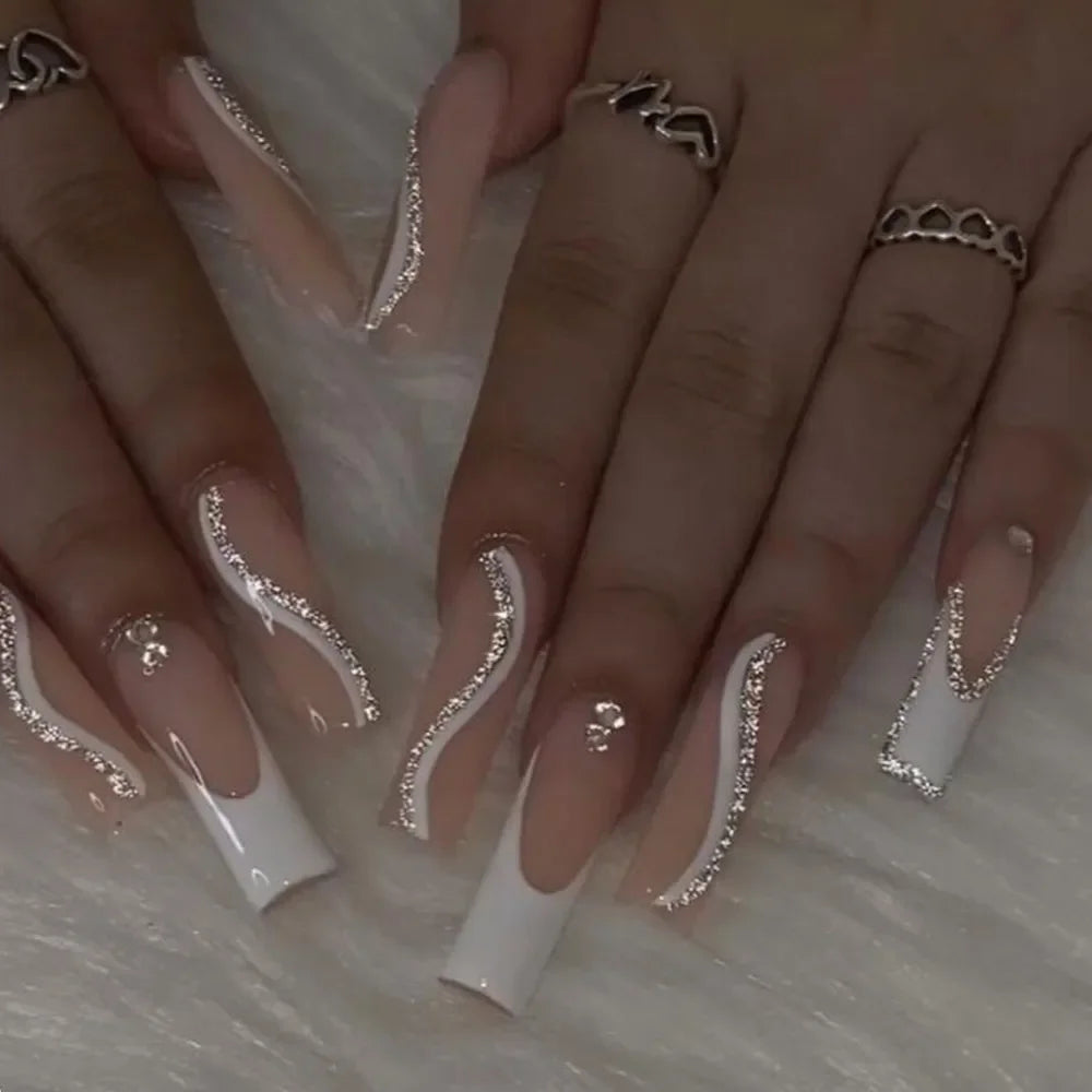 Aiertu 24pcs Artifical Bails With Glue Fake Nail Tips With Design Detachable Press On Nails Long Fake Nail Finished Nail Piece Sticker Aiertu