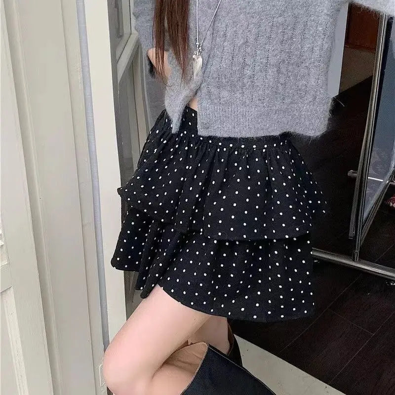 Aiertu Sweet Kawaii Mini Skirt Women Grey Korean Style Elegant Dot Short Skirts Coquette Fashion High Waist Cute Ruffle Skirt Aiertu