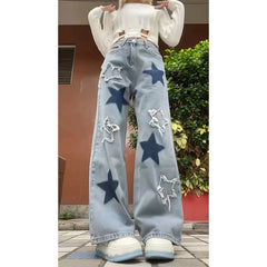 Aiertu Women's Baggy Blue Star Jeans Vintage Y2k 90s Aesthetic Denim Trousers Harajuku High Waist Wide Cowboy Pants 2000s Clothes 2024 Aiertu