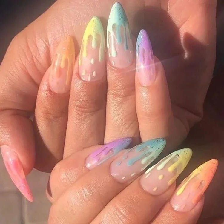Aiertu Medium-length Acrylic Almond Fake Nails Art Cool Hottie Girl Wear False Nails Europe and USA Press on Nail Removable French Nail Aiertu
