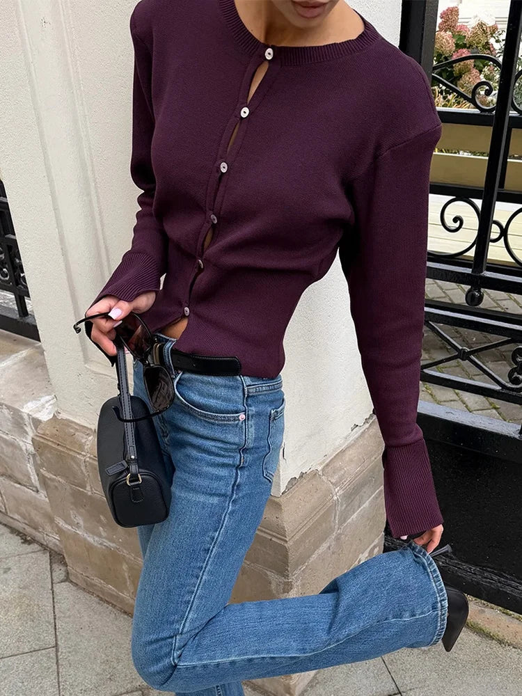 AIERTU  -  Womens Knit Cardigan Button Up Slim Fit Crop Crew Neck Long Sleeve Ribbed Trim Autumn Casual Streetwear Stretch Cardigan Aiertu