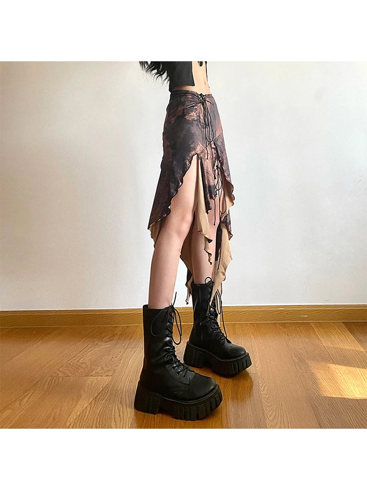 Aiertu Women's Irregular Skirt Harajuku Y2k Vintage Long Brown Skirts 90s Aesthetic Korean A-Line Skirt Emo 2000s Trashy Clothes 2024 Aiertu