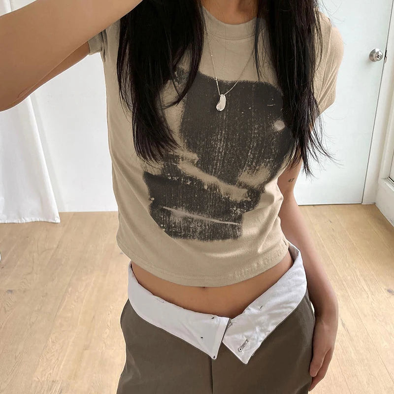 Aiertu Vintage Chic Print y2k Crop Top Crewneck Slim Short Sleeve T-shirt Summer Harajuku  Streetwear y2k Retro Tees Shirt Women Aiertu