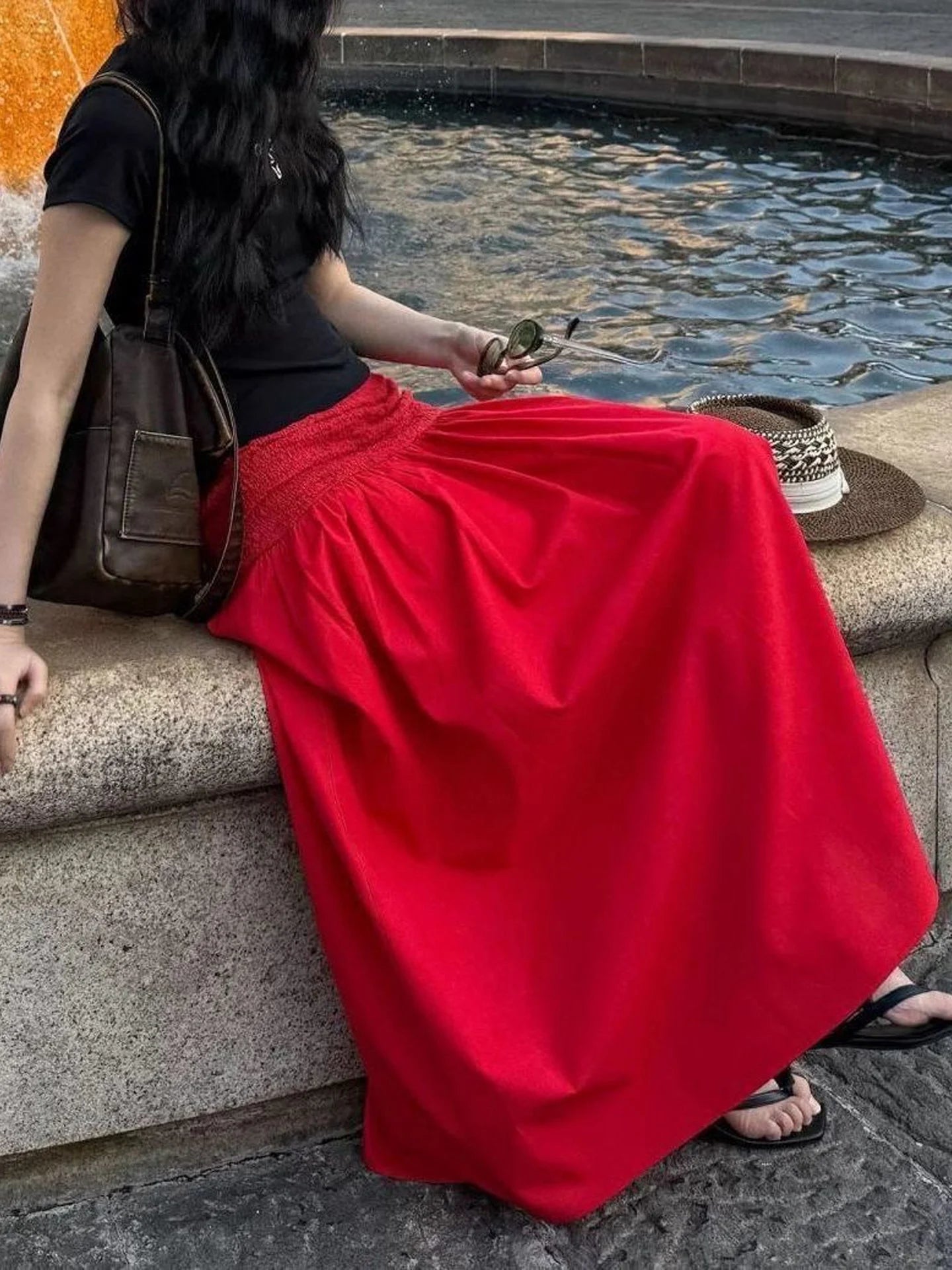 AIERTU  -  Red Oversized A-Line Skirt Women's Fashionable Loose Slimming Long Skirt Spring Autumn New Design Sensation Half-length Skirt Aiertu