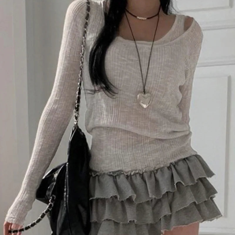 Aiertu Two Pieces Set Autumn Simple Casual Long Sleeve Vintage Women T-shirts + Japanese Solid Bottoming Y2k Aesthetic All Match Tanks Aiertu