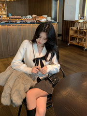 Autumn Winter Bow Cardigans Jacket Woman French V-Neck Chic Single-Breasted Knit Top New Long Sleeve Sweater Cardigan Aiertu