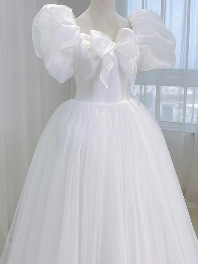 Aiertu White Elegant Sweet Princess Dress Women Bow Puff Sleeve Korean Kawaii Midi Dress Female Autumn Casual Evening Party Dress Aiertu