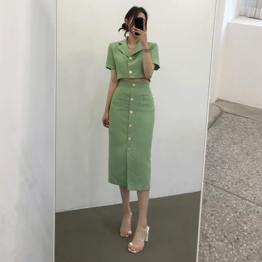 Aiertu Fashion Korea Elegant Lapel Thin Tweed Small Suit Short Jacket + High Waist Chic Button Slim Women Two Piece Skirt Sets Summer Aiertu