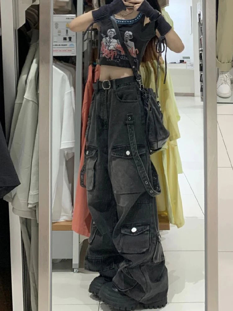 Aiertu Y2k Cargo Jeans Pants Women Rave Pants Street Oversize Loose Wide-leg Pockets Female Pant Vintage Hip Hop Denim Trousers Aiertu