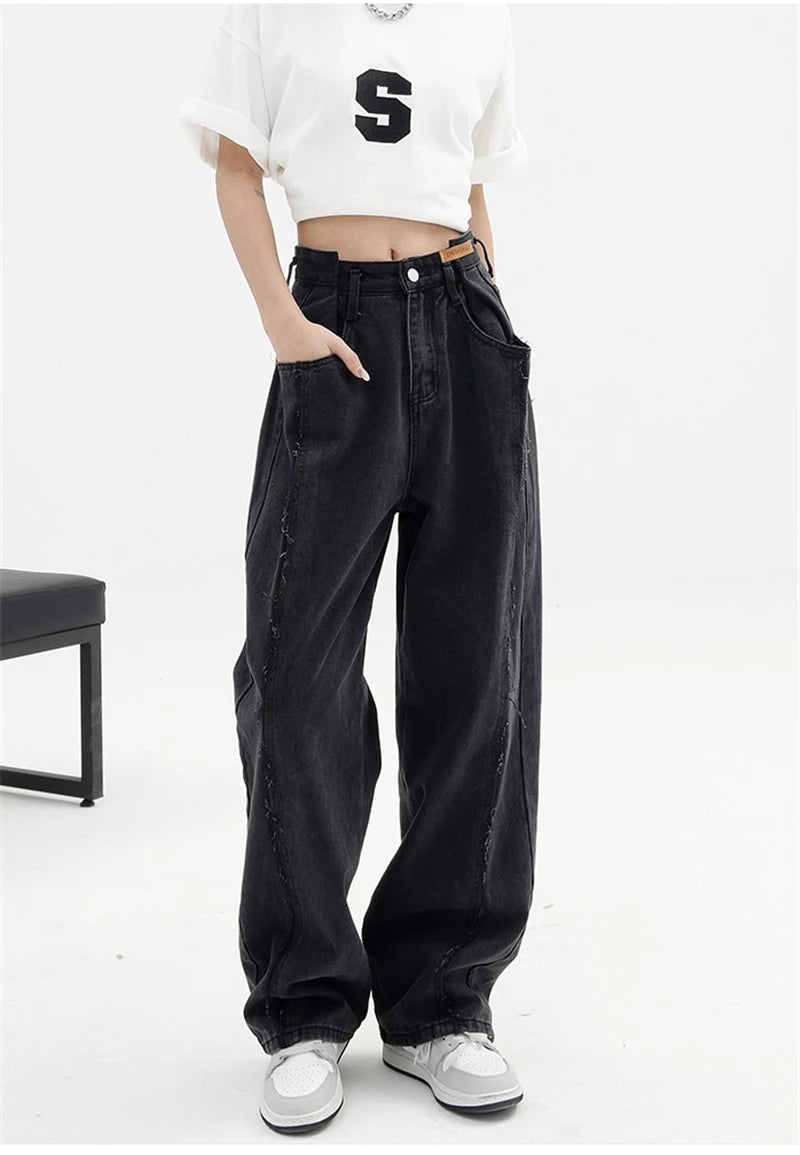Aiertu 2024 Women Baggy  Long Jeans Harajuku Black Wide Leg Trousers Streetwear Vintage High Waist Denim Pants Big Pocket Y2k Feamle Aiertu