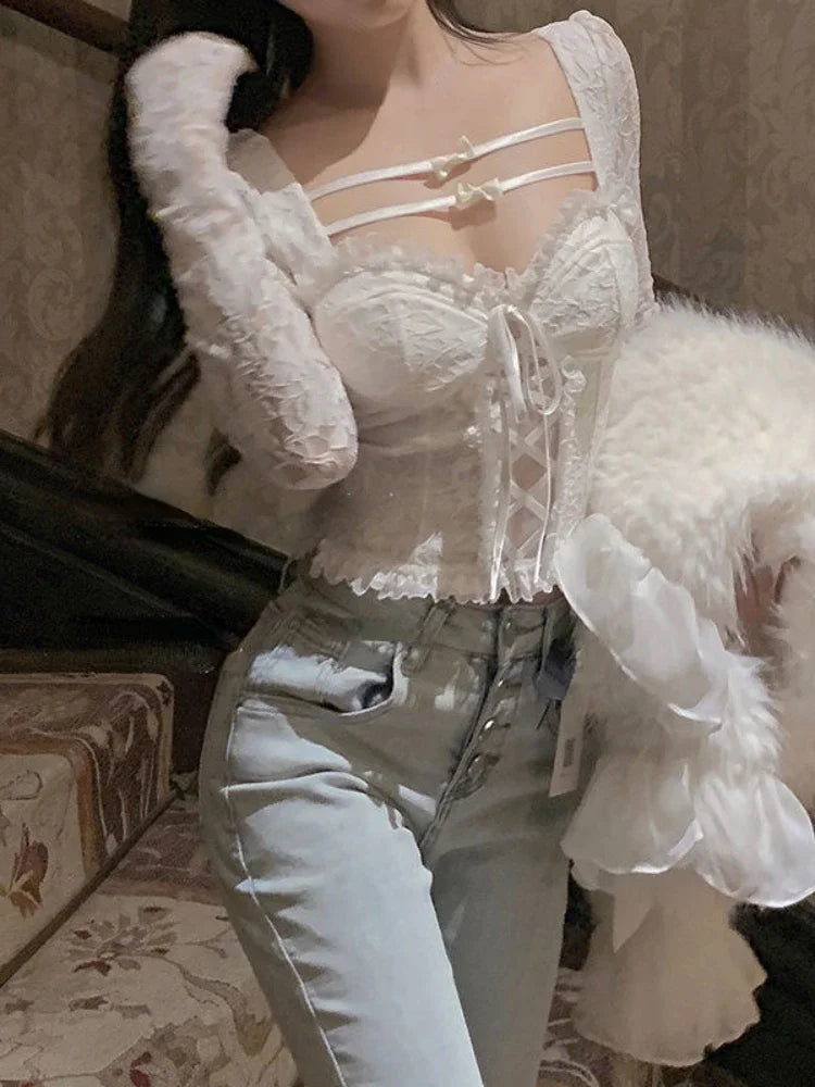 Aiertu 2024 Spring Sexy Bodycon White Blouse Women Slim Korean Fashion Y2k Crop Tops Basic Casual Vintage Lace Pullover Long Sleeve Aiertu