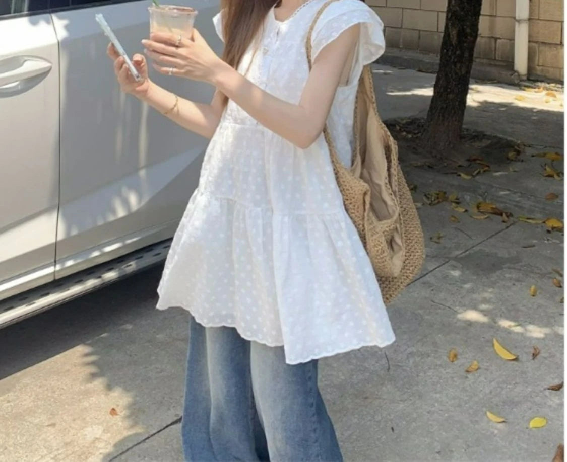 AIERTU  -  Sweet Wind White Embroidery Dress Women's Summer New Stacked A-shaped Cake Dress Aiertu