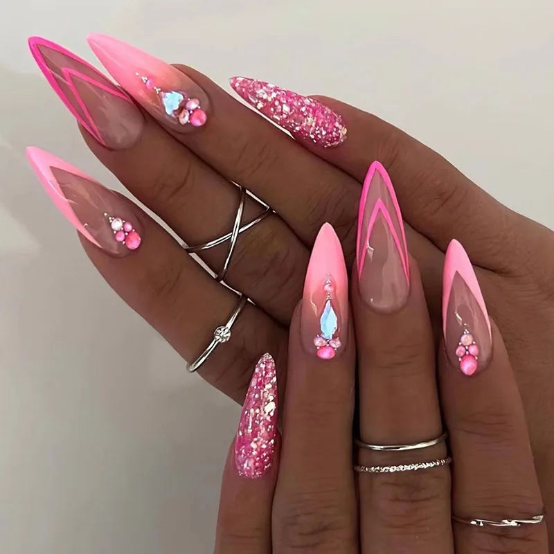 Aiertu Medium-length Acrylic Almond Fake Nails Art Cool Hottie Girl Wear False Nails Europe and USA Press on Nail Removable French Nail Aiertu