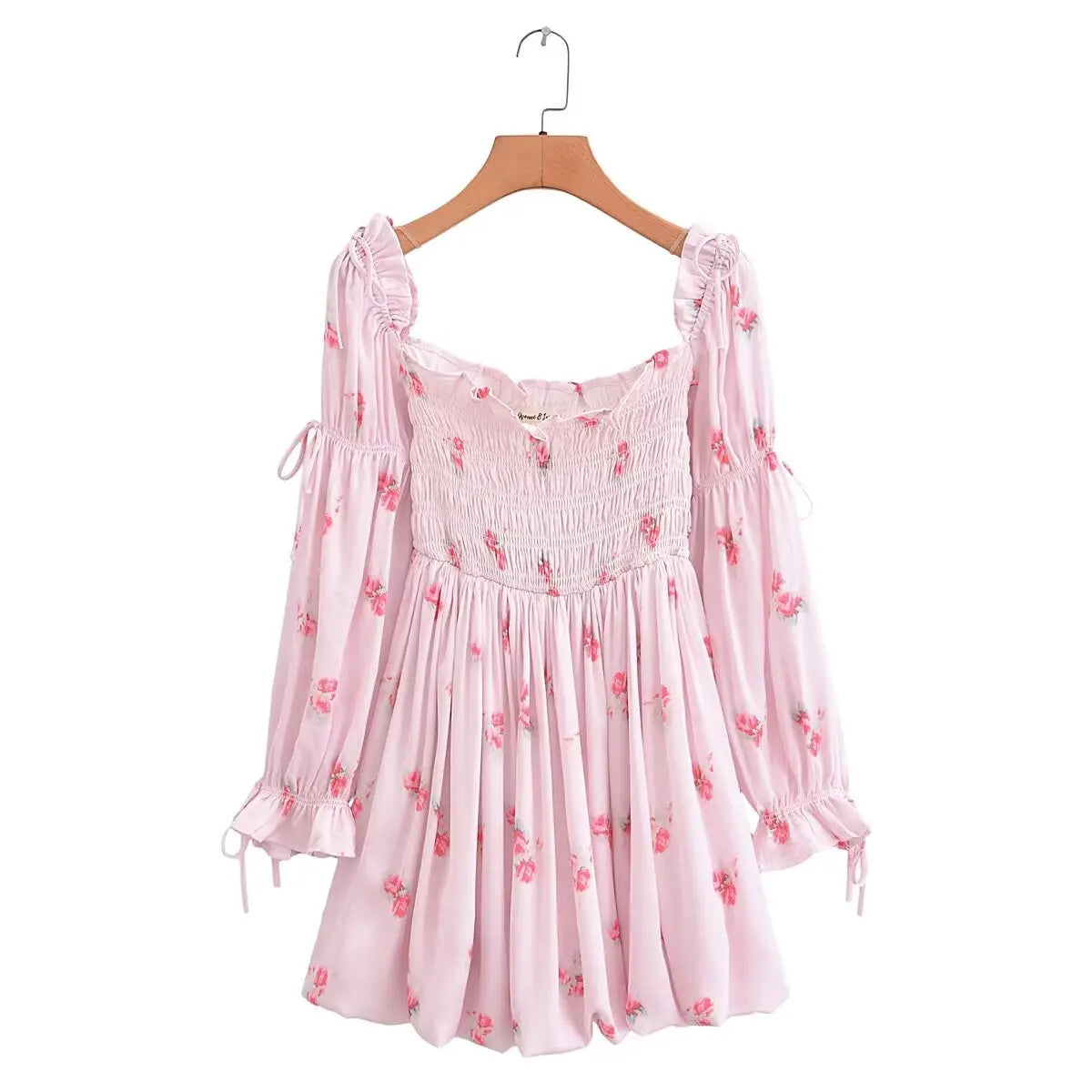 Aiertu Sweet Pink Floral Print Satin Sexy Off Shoulder Dress Women Long Sleeve Holiday Party Mini Dresses Princess Fairy Robe Aiertu
