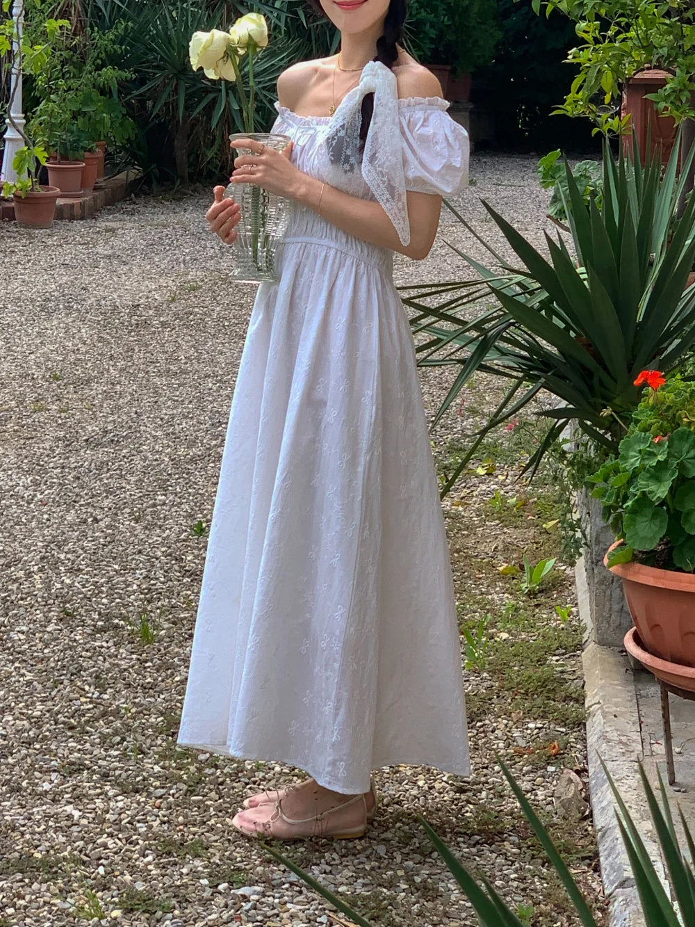 AIERTU  -  Retro Korean Style U-Neck Bubble Sleeve White Dress Women's Summer New Waist Cinched Maxi Freshwater Pearl Dress Aiertu