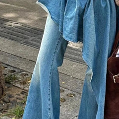 AIERTU  -  Y2k Denim Pants Women Irregular Ruffles Solid Spring Autumn American Retro Pantalones De Mujer Fake Two Pieces Trousers Aiertu