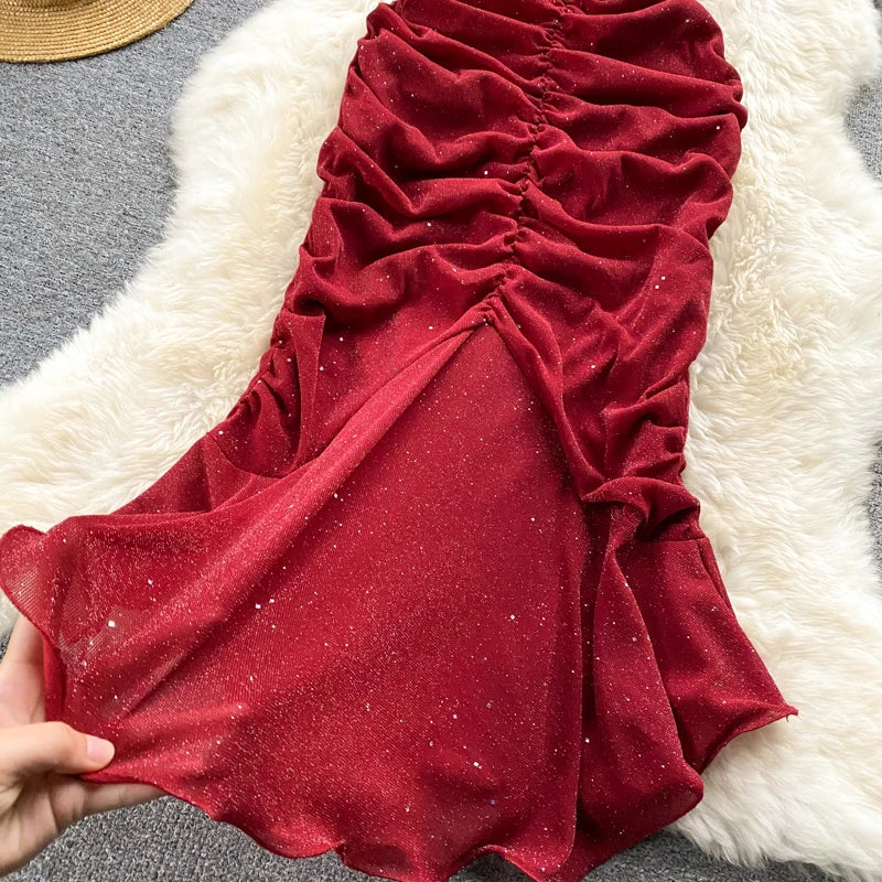 Aiertu  Evening Party Women Mermaid Dress Summer Ruched Backless Sexy Elegant Ladies French Style Solid Long Dresses Aiertu