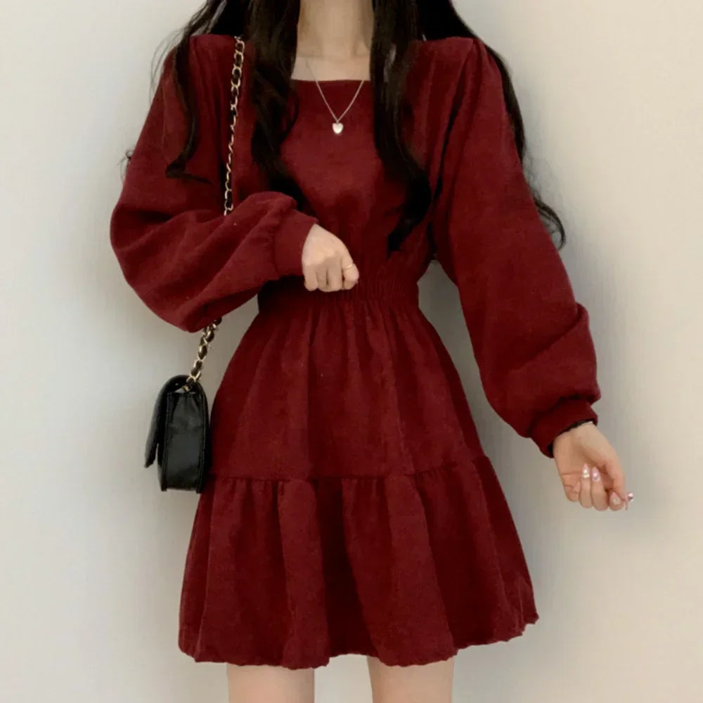 Aiertu  Vintage Mini Dress Women Sweet Retro Wrap Square Collar Long Sleeve Short Dresses Solid 3 Colors Preppy Style Clothes Aiertu