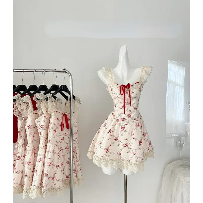 Aiertu 2024 New Sweet Floral Dress Set Woman Casual Red Short Cardigan Elegant Lace Y2k Mini Dress Beach Korean Fashion Clothing Suit Aiertu
