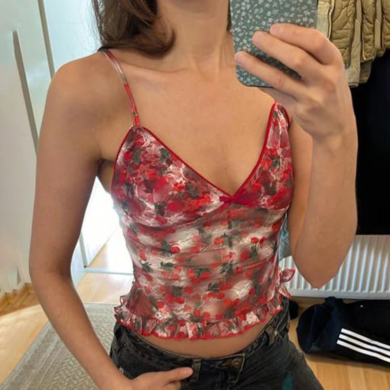 Aiertu Vintage y2k Mesh Crop Top Women Summer Floral Print Sleeveless Patchwork Spaghetti Strap Tops Ladies Sexy Aesthetic Tees Aiertu