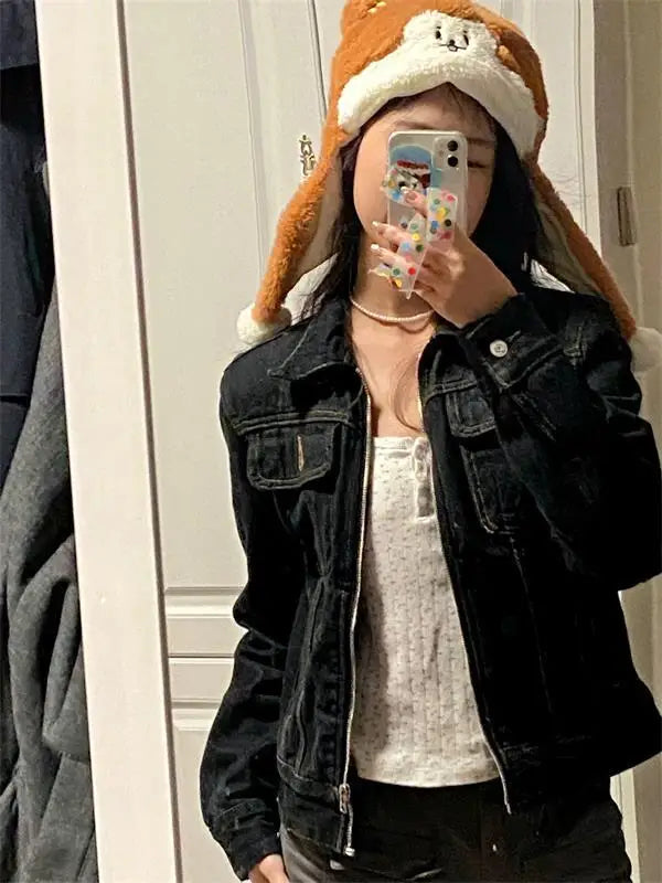 Aiertu 2024 Zipper Jeans Solid Coats Streetwear Fashion All Match Ins Chaquetas Mujer Women Turn Down Collar Punk Vintage Denim Jackets Aiertu