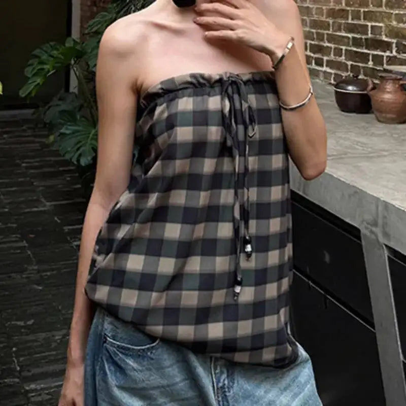 AIERTU  -  Checkered Lace Up Strapless Vest Backless Pure Cotton Drawstring Top Women Retro Sexy Loose And Personality Fashionable Casual Aiertu