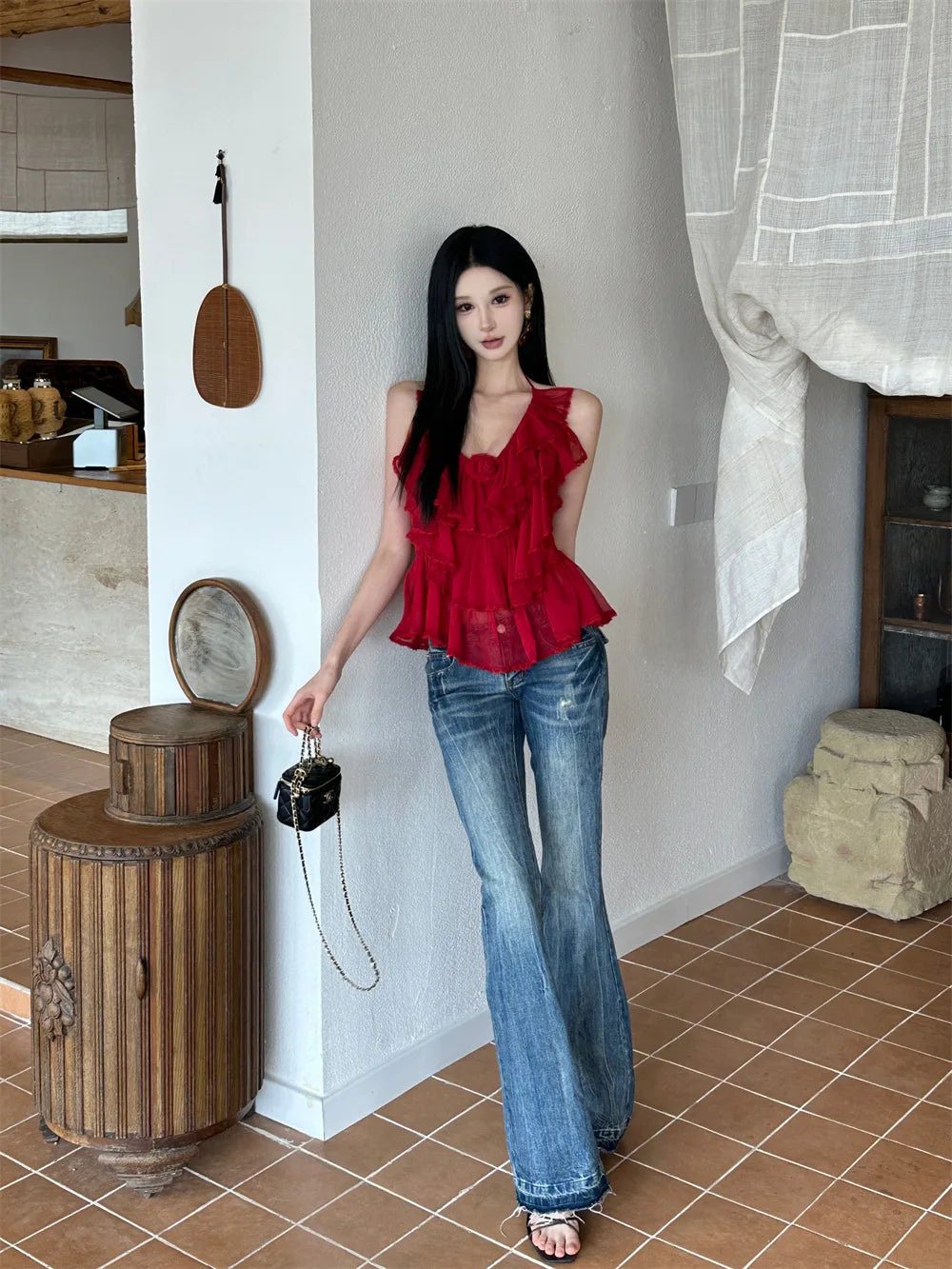 AIERTU  -  Women Camisoles V-neck Retro Ruffle Edge Irregular Pleats Halter Exposed Back Elastic Slim Fit Sexy Temperament Strapless Top Aiertu