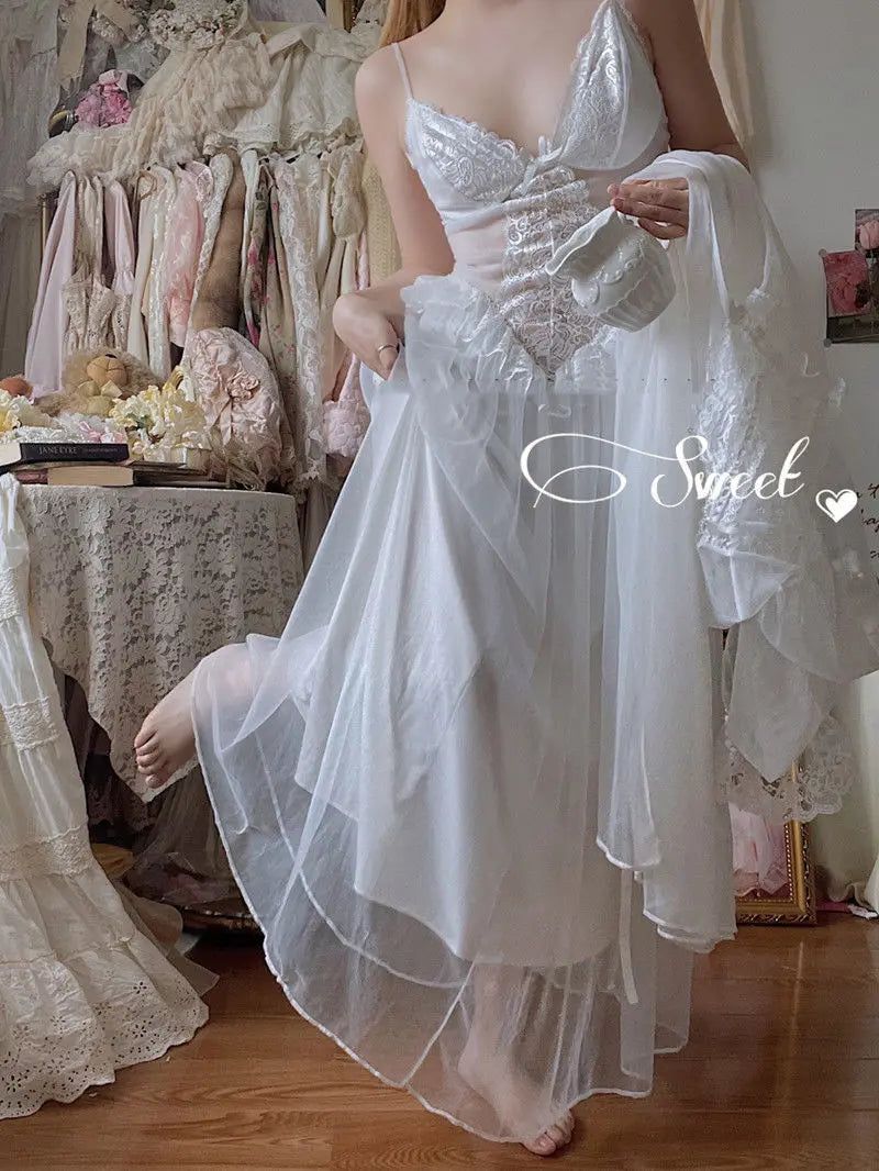 Aiertu Autumn White Fairy Vintage Sweet Dress Women Mesh Lace Sexy Casual Korean Dress Female Patchwork Designer Princess Dresses Aiertu