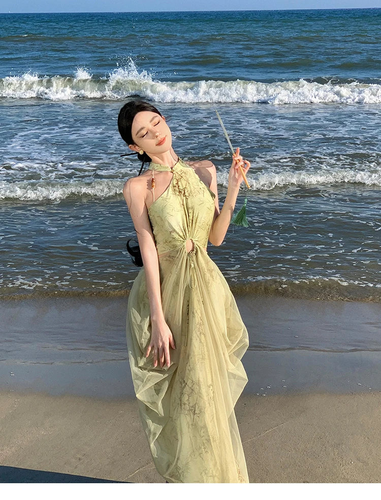 Aiertu Vintage Green Mesh Bamboo Print Sexy Sleeveless Elegant Slim Chinese Long Dress Summer Hollow Off Shoulder Pleated Dresses Boho Aiertu