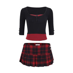 Aiertu Academy style color matching women's set short spicy two piece sets 2024 womens outifits low waisted plaid skirt sets Aiertu