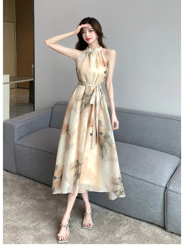 Aiertu Vintage Casual Floral Women Summer Dress Sleeveless Elegant A-Line Party Wedding Clothes Chic Belted Female Vestidos Mujers Aiertu