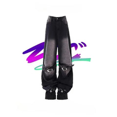 Aiertu 2024 Vintage High Waist Street Style Belted Straight Jeans Gothic Pants Fashion Women's Wide Leg Punk Baggy Y2K Denim Trouser Aiertu