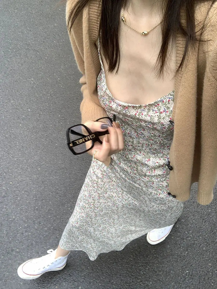 Aiertu Elegant Sexy Floral Slip Dress Women Sweet Slim Korean Style Party Dress Female 2024 Summer Casual Evening Holiday Beach Dress Aiertu