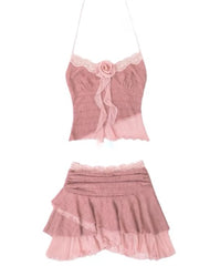 Aiertu Pure Desire Knitted 2 Piece Set Women Summer New Y2k Sweet Solid Floral Suit Female  Lace Strap Top + Sexy Slimming Skirt 2024 Aiertu