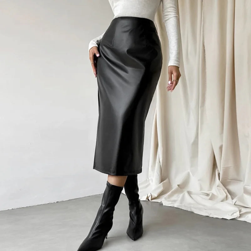 Aiertu Black Leather Skirts Women Fashion High Waist PU Long Skirt Splits Streetwear Autumn Female Elegant Solid Office Casual Aiertu