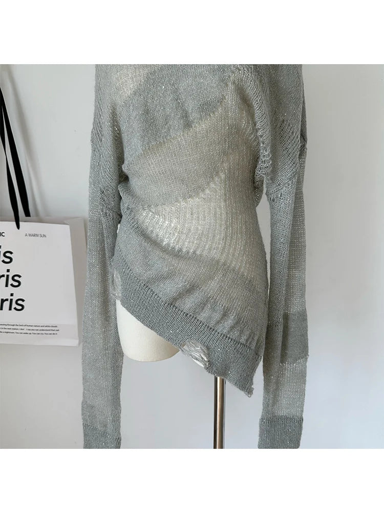 Aiertu Women's Pullover Knitted Torn Sweater Harajuku Long Sleeve Knit Jumper Sweaters Korean Y2k 2000s 90s Aesthetic Vintage Clothes Aiertu