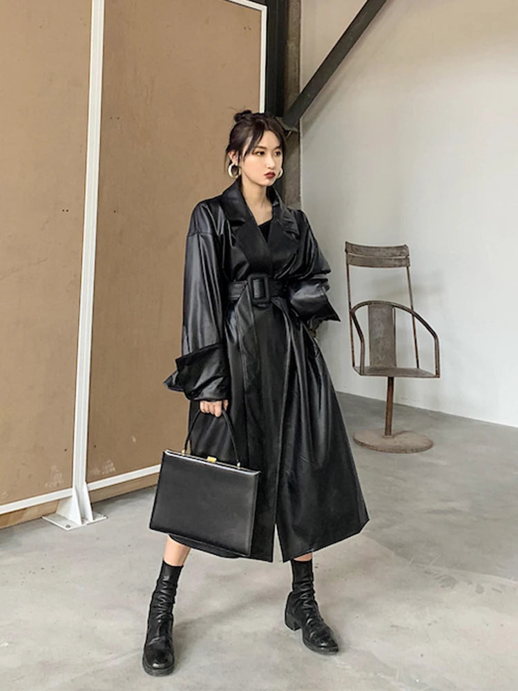 Lautaro Long oversized leather trench coat for women long sleeve lapel loose fit Fall Stylish black women clothing streetwear Aiertu