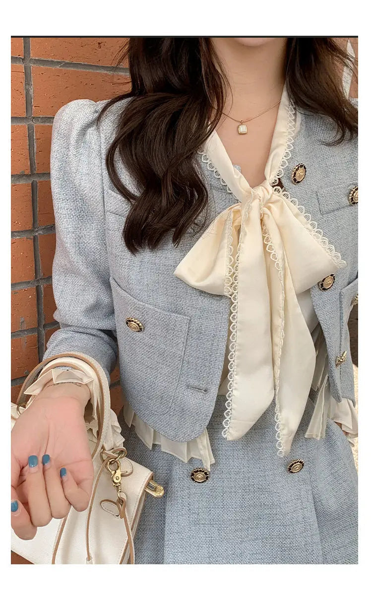 Aiertu Suit Short Long-Sleeved Jacket + Skirt Little Fragrance Blue 2024 Fall Two Piece Sets For Women Royal Sister Sense Of Luxury Aiertu