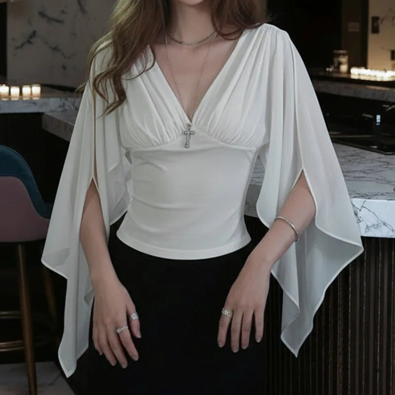 AIERTU  -  Mesh Deep V Neck T Shirt With Ribbon Sleeves Slim Fit Waist Cinching Pleated Top Women Sexy Fashionable Elegant Stylish Summer Aiertu