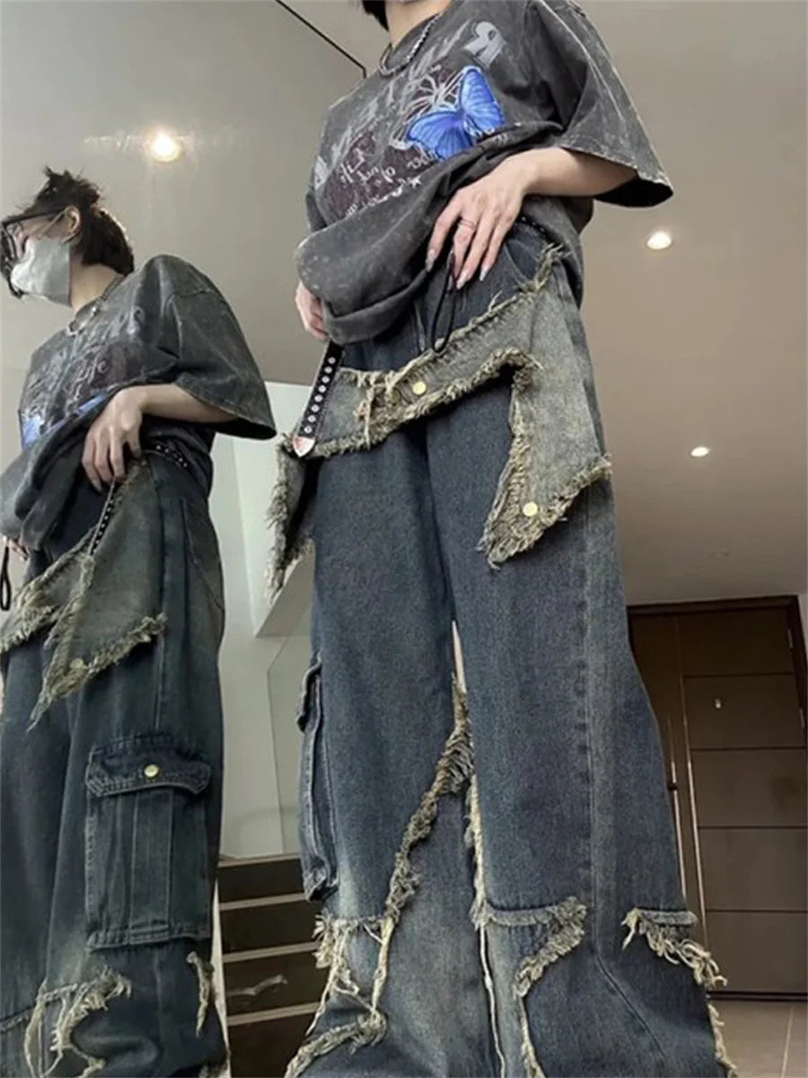 Aiertu Y2k Cargo Jeans Pants Women Rave Pants Street Oversize Loose Wide-leg Pockets Female Pant Vintage Hip Hop Denim Trousers Aiertu