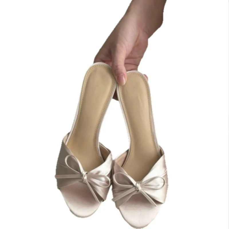 AIERTU  -  Women's Satin Bow Slippers Summer Open Toe Women Stiletto Heel Sandals Elegant Party Wedding Ladies Dress Shoes Non-slip Aiertu