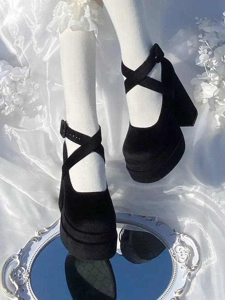 Aiertu Luxury Shoes Fashion Designer Platform Women Mary Jane Shoes Cross Strap Thick Heel Shoes Ladies College Style Dress Pumps Shoe Aiertu