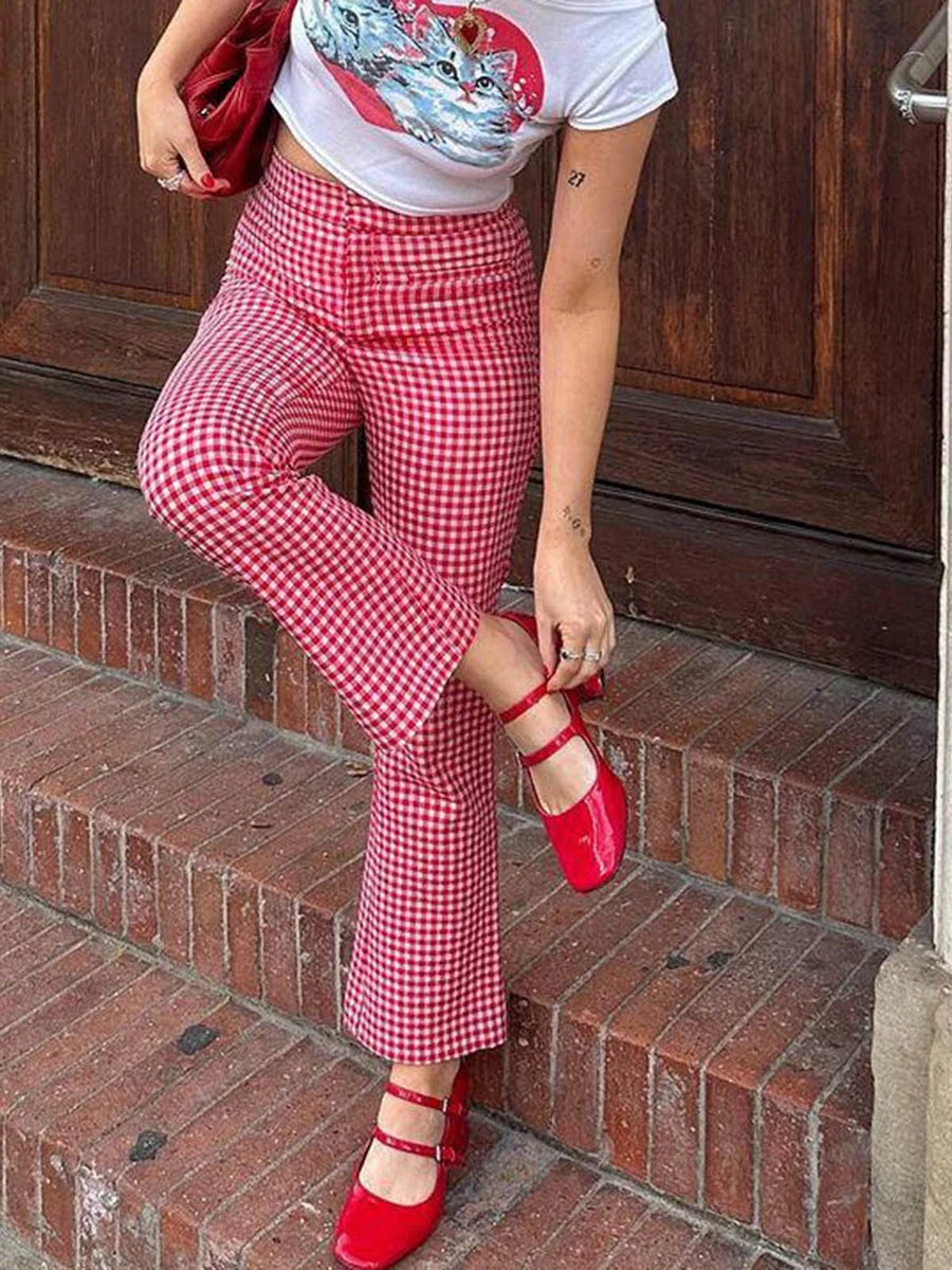 Aiertu Women Red Gingham Straight Leg Flare Pants High Waist Plaid Checkerboard Printed Y2k Vintage Trousers Summer Streetwear Aiertu