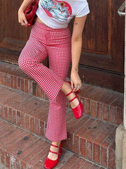Aiertu Women Red Gingham Straight Leg Flare Pants High Waist Plaid Checkerboard Printed Y2k Vintage Trousers Summer Streetwear Aiertu