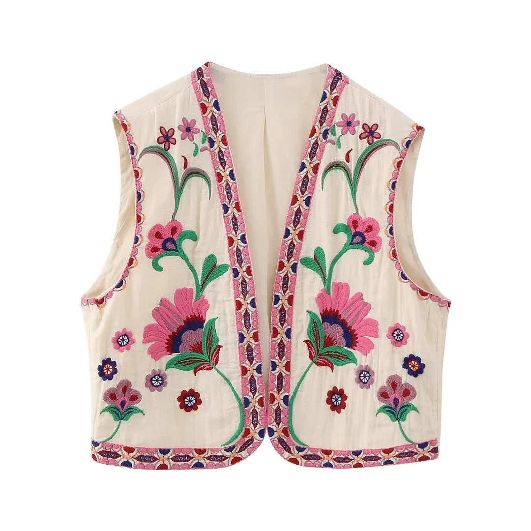 Aiertu Women Vintage Floral Embroidered Open WaistCoat Ladies National Style Vest Jacket Outfits Casual Vacation Crop Top Aiertu