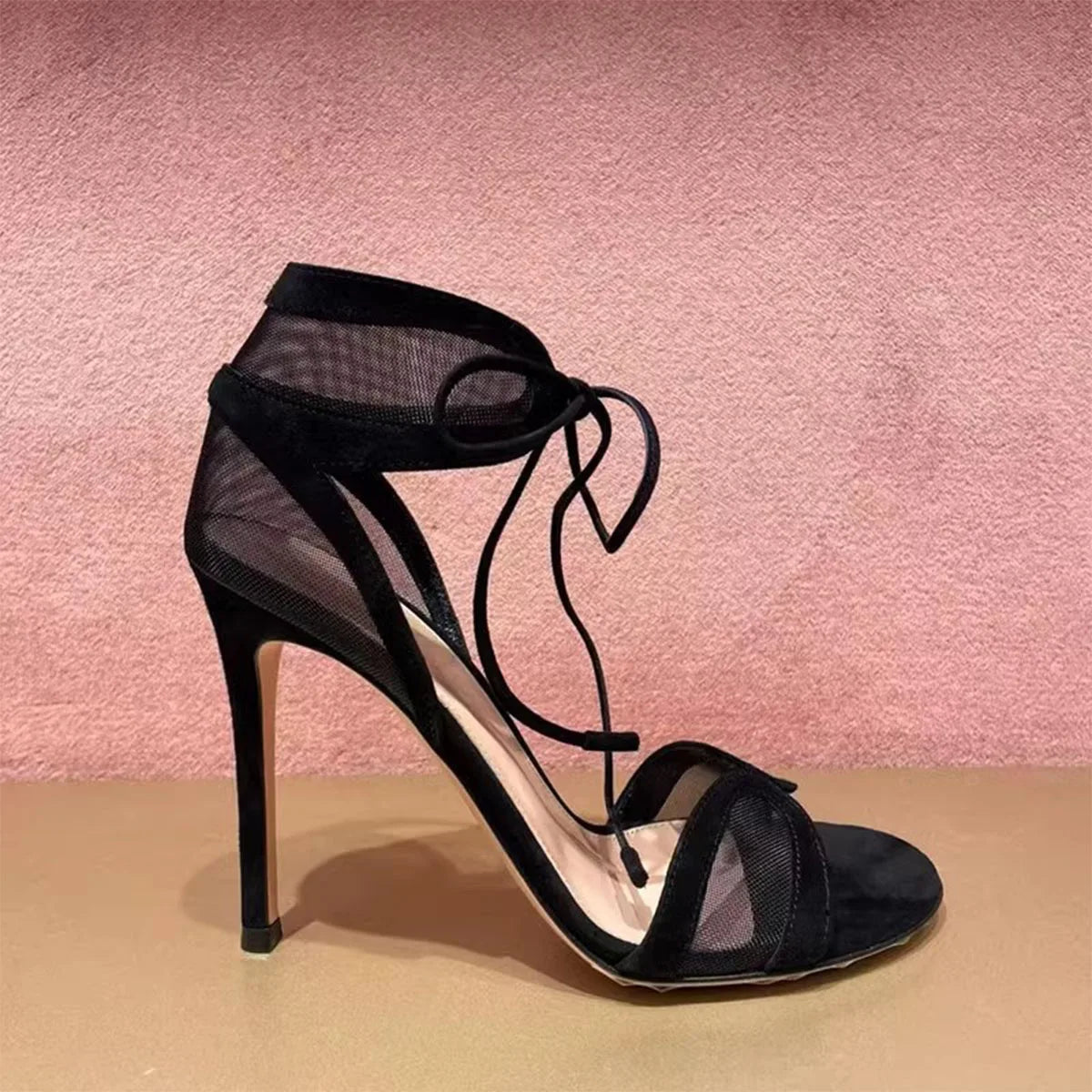 AIERTU  -  Sexy Lace Mesh Ankle Strap High-heeled Sandals for Women Open-toe Stiletto Lace-up Summer Sandals Party Wedding Dating Shoes Aiertu